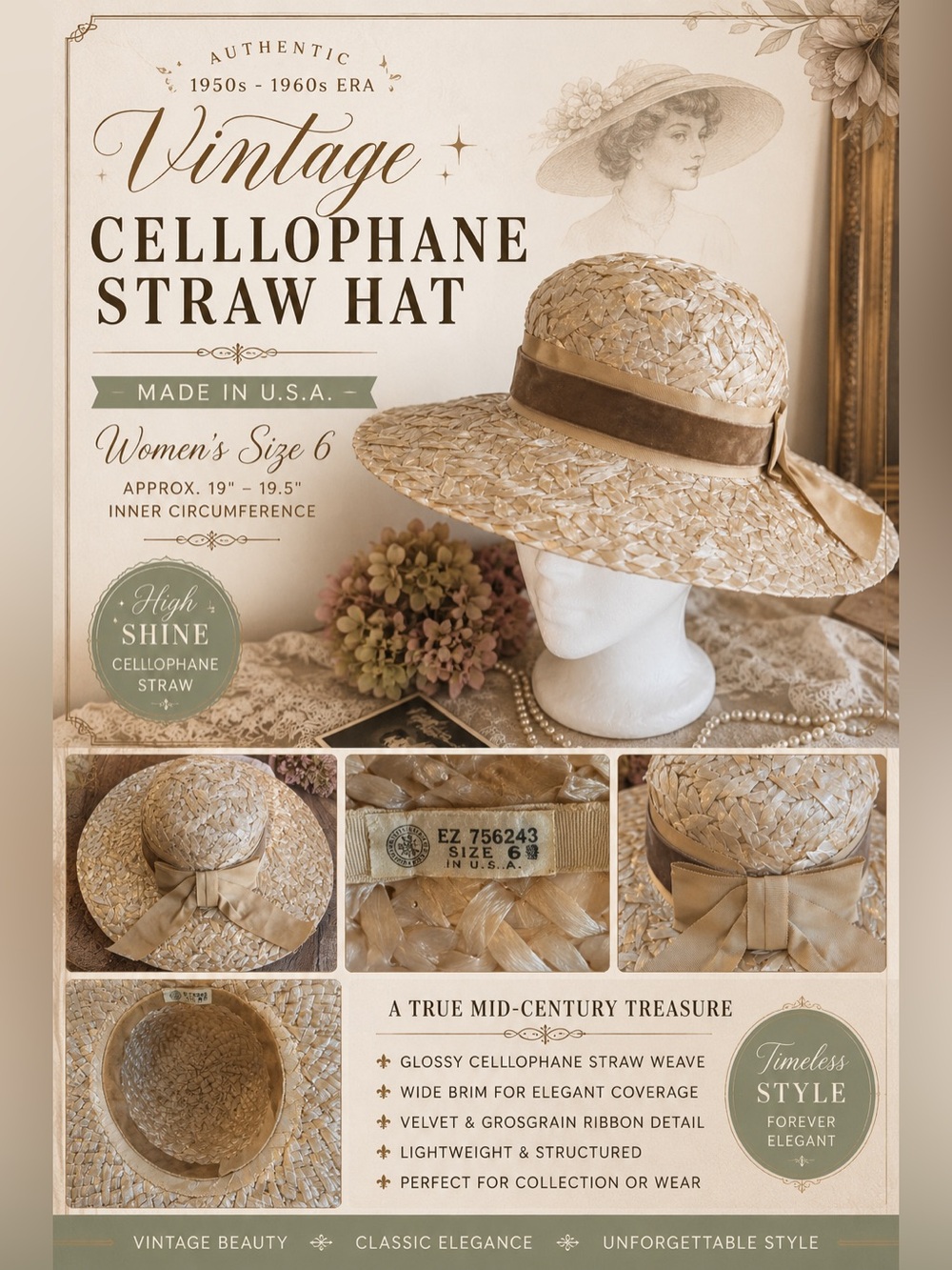 Vintage 1950s 60s Women’s Cellophane Straw Wide Brim Hat Bow Size 6